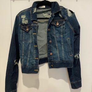 Dark wash distressed denim jacket